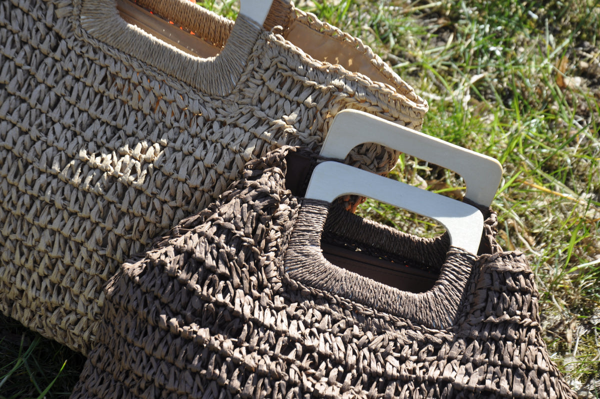 Strohtasche mit Holzgriff beige, geflochtene Strandtasche - kaJre
